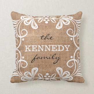 Rustic Faux Burlap Pattern Family Name Throw Pillows