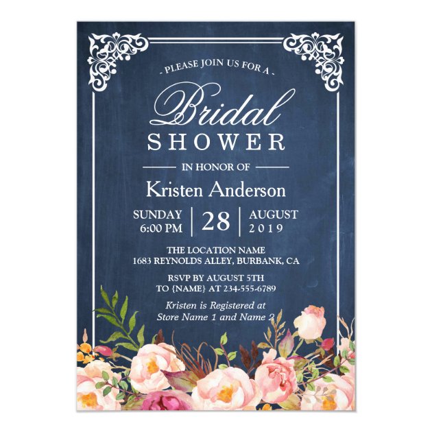 Rustic Floral Blue Chalkboard Classy Bridal Shower Card (front side)