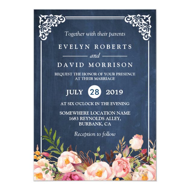 Rustic Floral Blue Chalkboard Formal Wedding Card (front side)