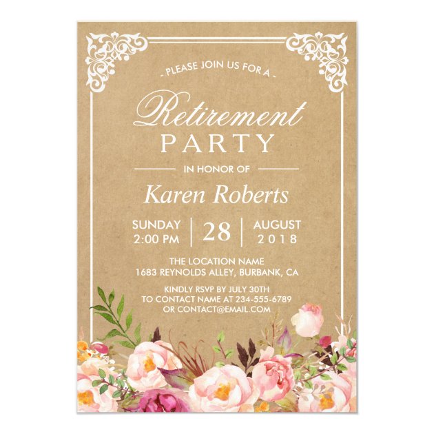 Rustic Floral Frame Kraft | Retirement Party Card (front side)