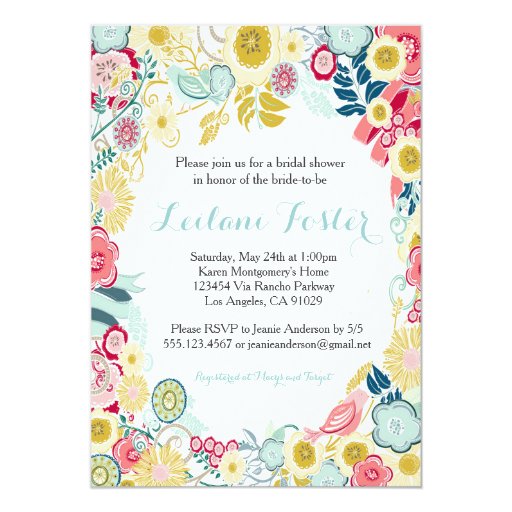 Rustic Floral Wedding Invitation Pink Blue Yellow 5" X 7" Invitation Card