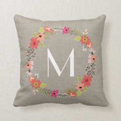 Rustic Floral Wreath Monogram Throw Pillows