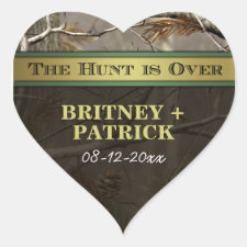 Rustic Forest The Hunt is Over Camo Wedding Favors Heart Sticker