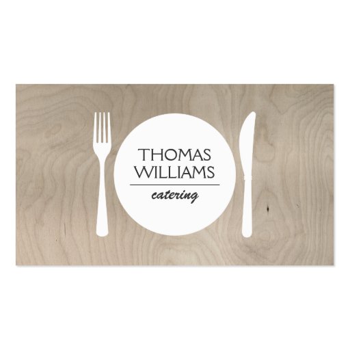 RUSTIC FORK, KNIFE, PLATE LOGO on LIGHT WOODGRAIN Business Card Templates (front side)