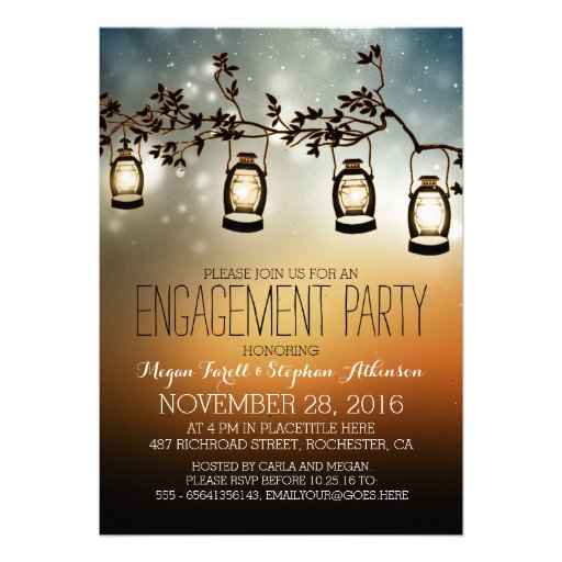 rustic garden lights - lanterns engagement party card (front side)