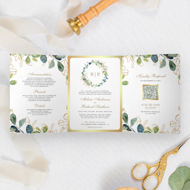 Rustic Gold Eucalyptus Wreath Qr Code Wedding Tri Fold Invitation Zazzle