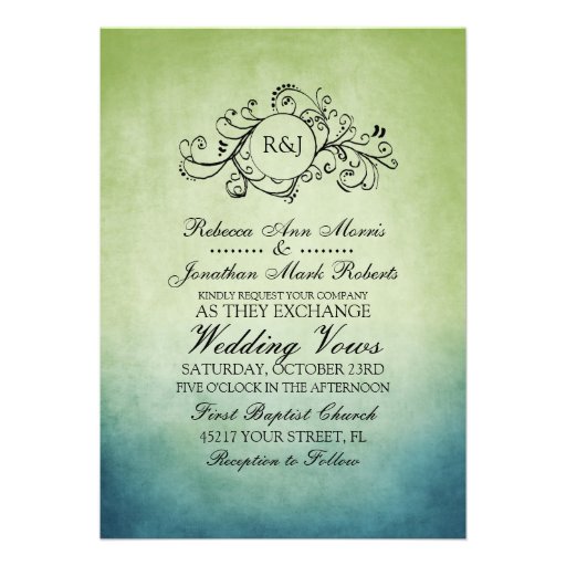 Rustic Green and Blue Bohemian Wedding Invitation