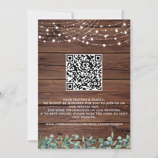 Rustic Greenery String Lights Wood Qr Code Wedding Invitation Zazzle