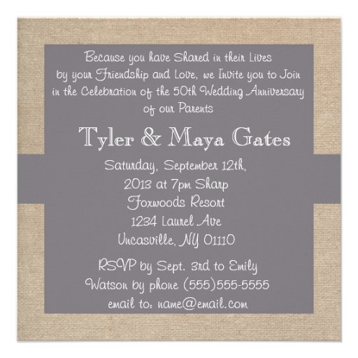 Rustic Grey and Beige Burlap Anniversary Party Personalized Invites