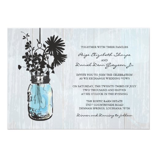 Rustic Hanging Blue Mason Jar Wedding Invites