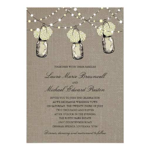 Rustic Hanging Mason Jar Hydrangea Wedding Custom Announcement