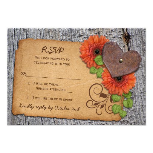 Rustic Heart Orange Daisy Country Wedding RSVP Invitation