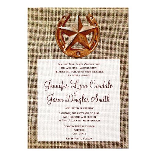 Rustic Horseshoe Star Burlap Wedding Invitations