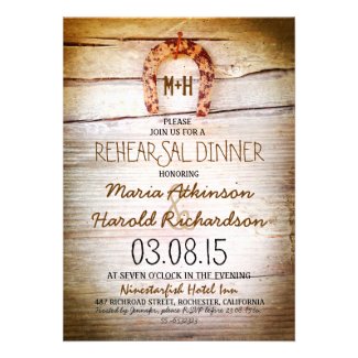 rustic horseshoe wood rehearsal dinner invitation