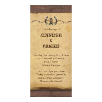 Rustic Horseshoes Barbed Wire Wedding Program Customized Rack Card