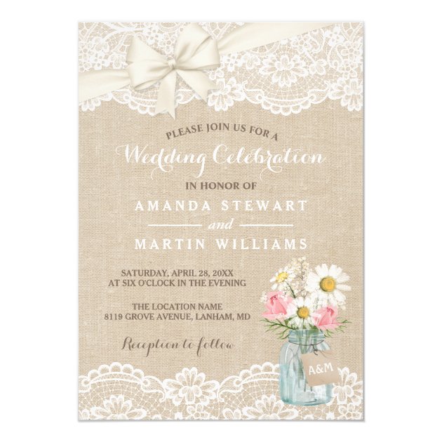 Rustic Ivory Burlap Lace Floral Mason Jar Wedding Card (front side)