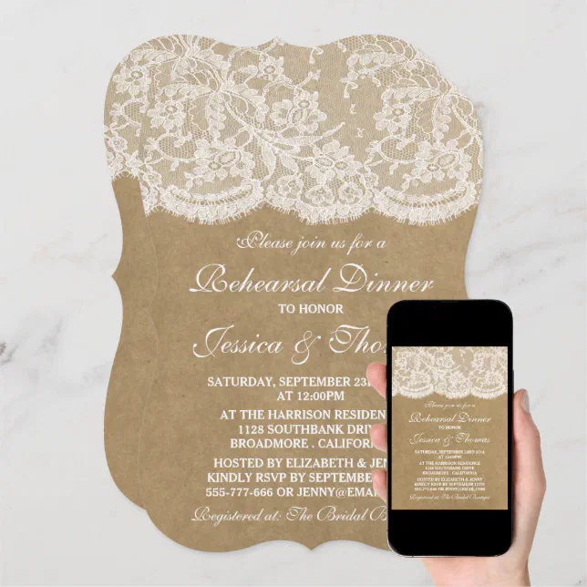 Rustic Kraft Lace Wedding Rehearsal Dinner Invitation Zazzle