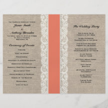 Rustic Lace & Burlap Coral Ribbon Wedding Program Full Color Flyer