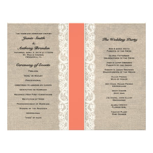 Rustic Lace & Burlap Coral Ribbon Wedding Program Full Color Flyer