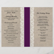Rustic Lace & Burlap Plum Ribbon Wedding Program Custom Flyer