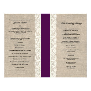 Rustic Lace & Burlap Plum Ribbon Wedding Program Custom Flyer