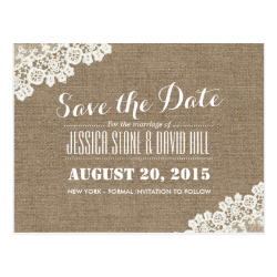 Rustic Lace Corner Burlap Wedding Save the Date Postcard