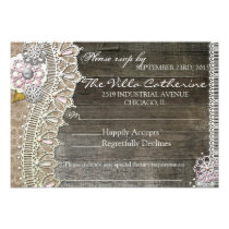 Rustic Lace Wood Floral  Wedding Reception RSVP Custom Invite