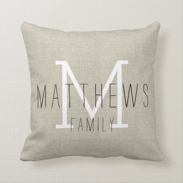 Rustic Linen Family Monogram Throw Pillow