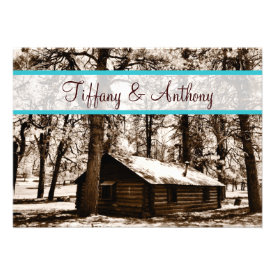 Rustic Log Cabin in Woods Teal Wedding Invitations Invitation