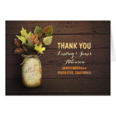 Rustic mason jar and fall leaves thank you cards