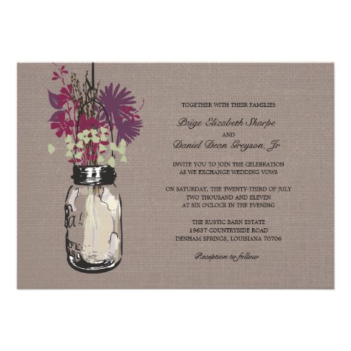 Rustic Mason Jar and Wildflowers Wedding Invitation