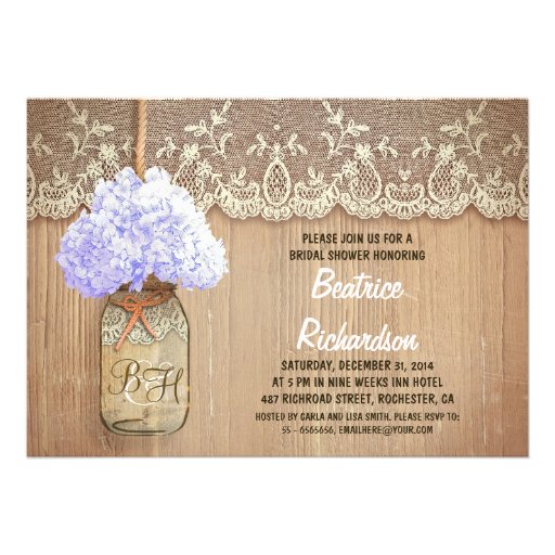 rustic mason jar blue hydrangea bridal shower personalized announcement
