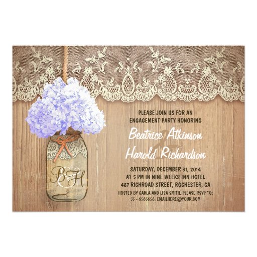rustic mason jar bluehydrangea engagement party custom announcements