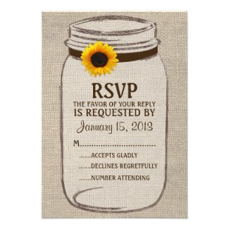 Rustic Mason Jar & Burlap and Sunflower RSVP Card