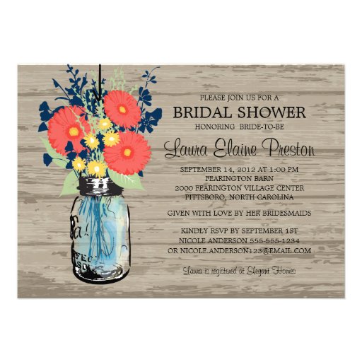 Rustic Mason Jar Gerber Daisies Bridal Shower Custom Announcements (front side)