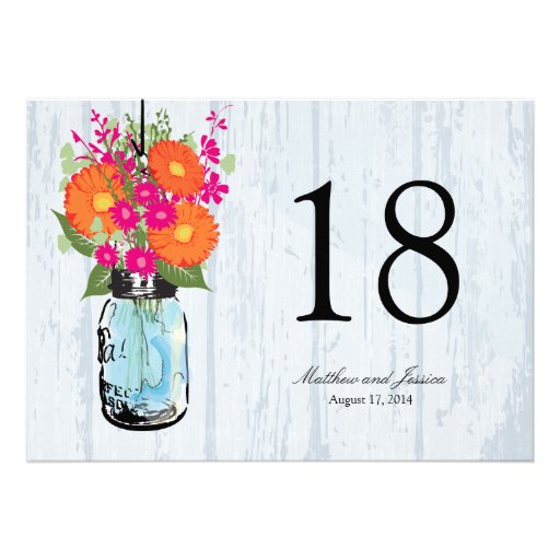Rustic Mason Jar Gerber Daisies Table Number Personalized Invite