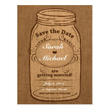 Rustic Mason Jar on Burlap Vintage Save the Date Postcards