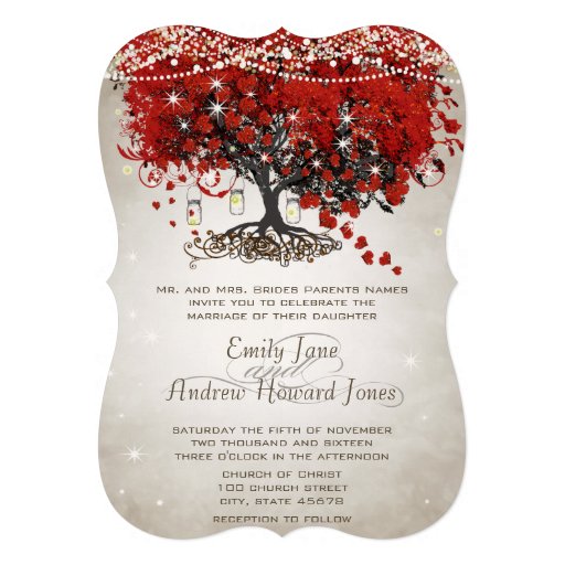 Rustic Mason Jar Red Heart Leaf Tree Wedding Custom Invites