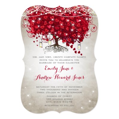 Rustic Mason Jar Red Tree Brown Trunk Wedding 5x7 Paper Invitation Card
