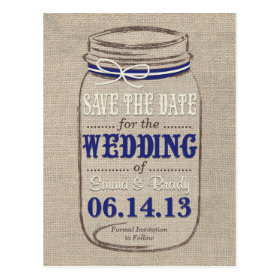 Rustic Mason Jar Save the Date Navy White Post Card