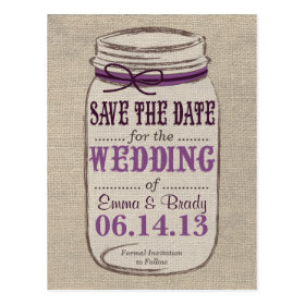 Rustic Mason Jar Save the Date Purples Post Card