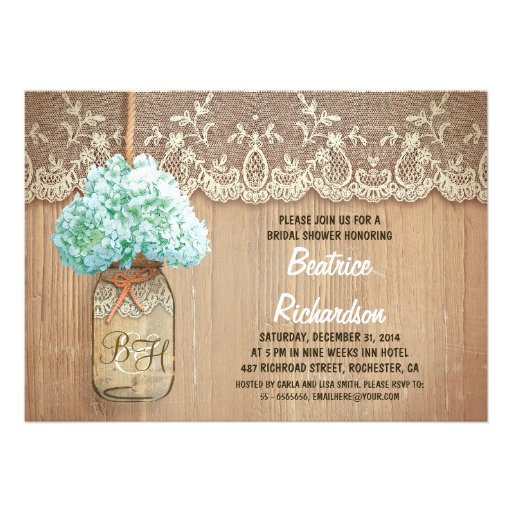 rustic mason jar turquoise hydrangea bridal shower custom invite