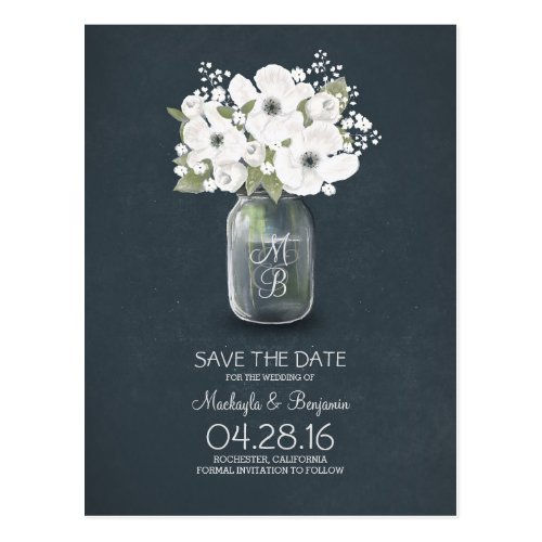 rustic mason jar white flowers save the date postcard