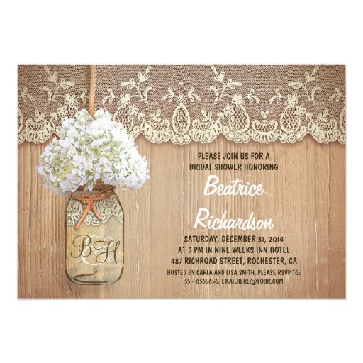 rustic mason jar white hydrangea bridal shower invite (front side)
