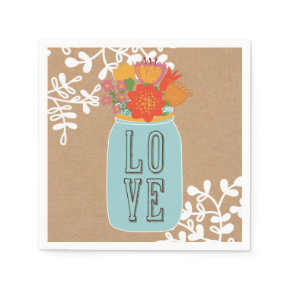 Rustic Mason Jar with Flowers LOVE on Craft Paper Standard Cocktail Napkin