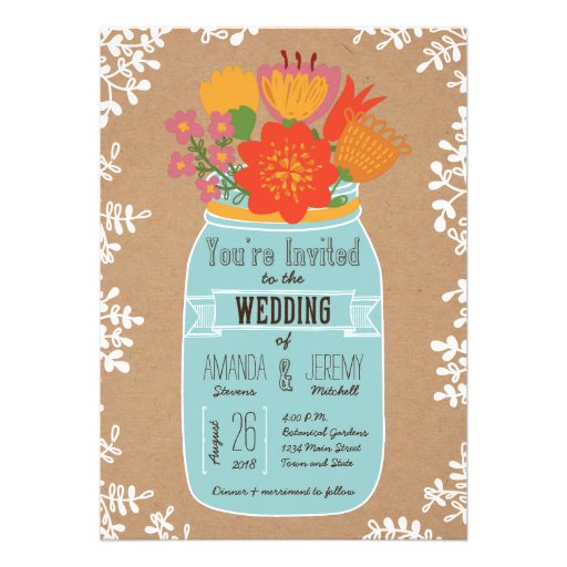 Rustic Mason Jar with Flowers on Craft Paper Announcements