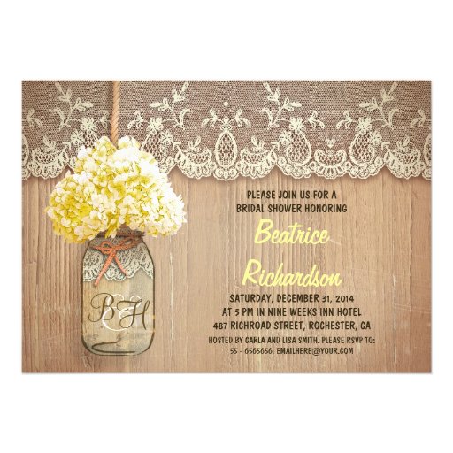 rustic mason jar yellow hydrangea bridal shower personalized invitations