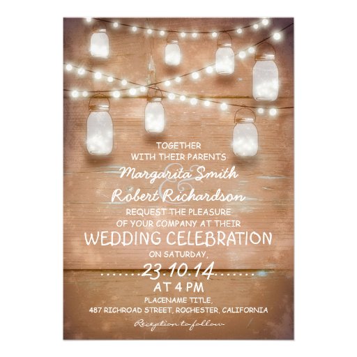 rustic mason jars and light wedding invitations (front side)