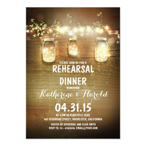 rustic mason jars and lights rehearsal dinner card Zazzle
