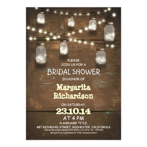 rustic mason jars with lights bridal shower invite
